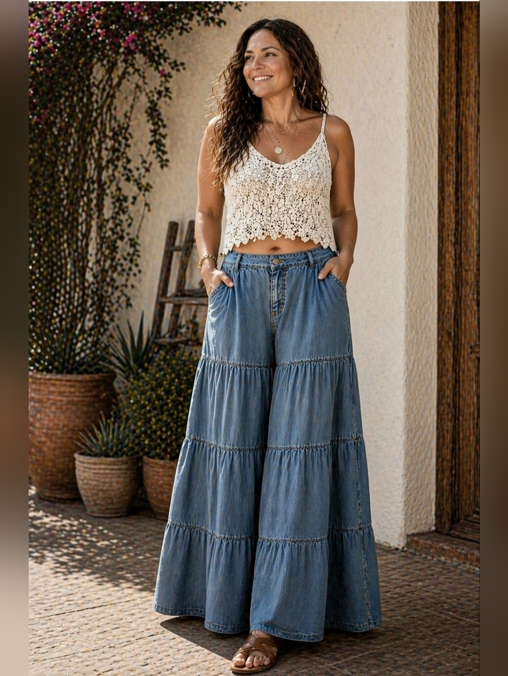 SHIBA Tiered WIDE LEG Cotton Denim BOHO TIERED Gauchos BAGGY Pants Size XL 14
